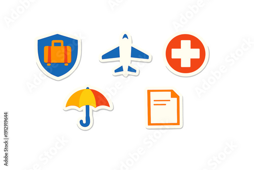 Five flat design icons representing travel insurance concepts like luggage protection, flight, medical aid, and policy documents, presented as stickers on a black background.