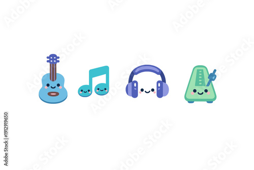 Four adorable cartoon music icons including a guitar, musical notes, headphones, and a metronome with smiling faces and pink cheeks isolated on a black background.