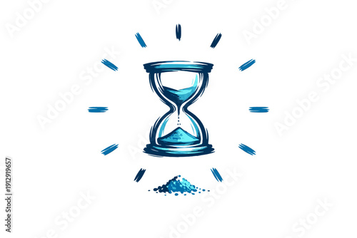A stylized blue hourglass illustration on a black background, featuring sand flowing through the glass and radiating lines suggesting a clock face with a small pile of sand below.