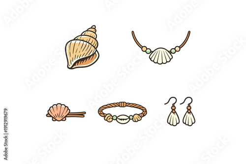 A collection of seashell themed jewelry including a necklace, bracelet, earrings, and hair clip, alongside a spiral shell, illustrated in a clean flat style on a solid black background.