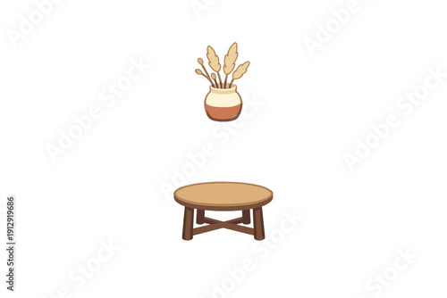 A cartoon illustration of a round wooden coffee table with a floating ceramic vase containing dried pampas grass, set against a black background in a minimalist style.
