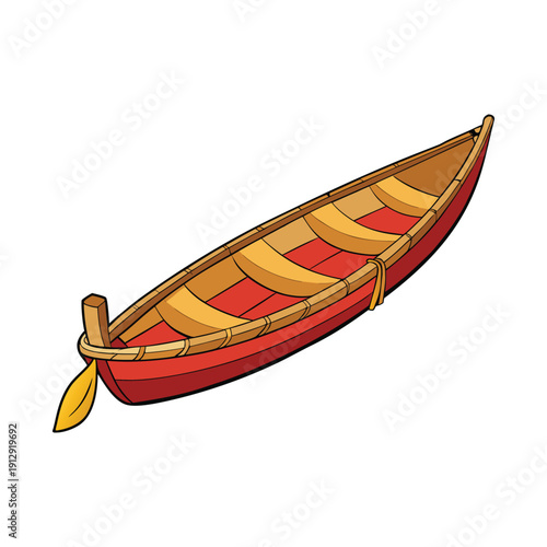 Red wooden vector canoe with yellow paddle, isolated on transparent background, ideal for summer adventure and outdoor activity illustrations.