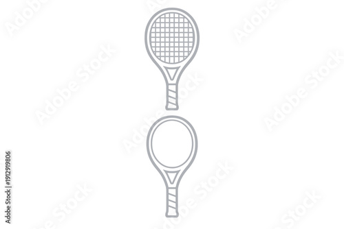 Two minimalist tennis racket icons are displayed vertically on a solid black background. The top racket features a grid pattern while the bottom one has a solid white circle in the center.