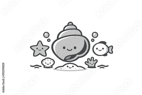A cute grayscale illustration of smiling sea creatures including a large seashell, starfish, fish, and clam on a black background. The minimalist cartoon style is friendly and simple.