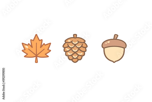 A set of three stylized autumn icons featuring an orange maple leaf, a brown pine cone, and a tan acorn, all presented in a simple cartoon style against a solid black background.