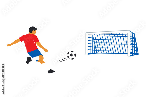 A vector illustration of a male soccer player in a red shirt and blue shorts kicking a black and white ball towards a goal with blue netting against a solid black background.