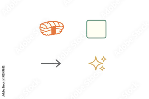 This minimalist graphic shows a piece of salmon nigiri sushi next to a blank square, with an arrow pointing towards golden sparkles on a solid black background.