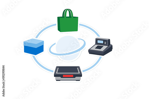 This graphic features a central sphere with a ring, surrounded by icons of a shopping bag, a box, a cash register, and a scale, representing global commerce and retail logistics.