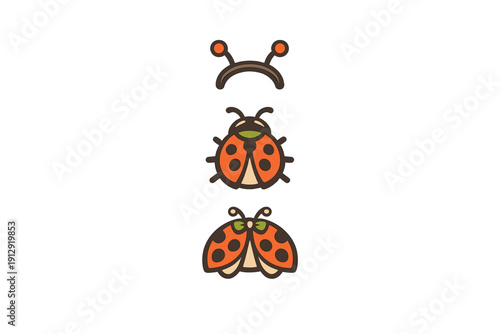 A collection of three ladybug-themed graphic icons featuring a headband with antennae and two stylized insects with orange wings and black spots on a black background.