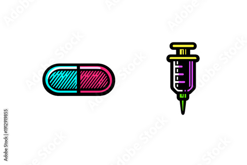 A stylized graphic showing a cyan and magenta capsule pill alongside a purple syringe with yellow accents on a black background. It depicts medical tools in a neon art style.
