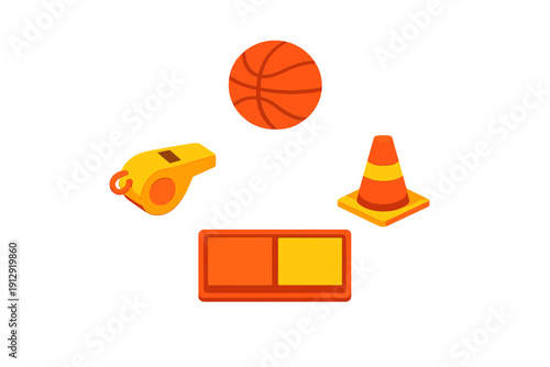 This illustration features a basketball, a whistle, a training cone, and a digital scoreboard, all rendered in a vibrant orange and yellow color palette on a dark background.