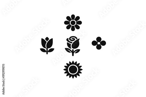 A collection of five minimalist black flower icons arranged in a cross pattern. The set includes a rose, tulip, daisy, sunflower, and a simple four-petal blossom on a plain background.