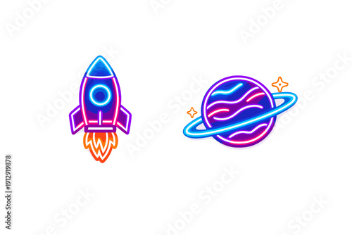 This neon graphic depicts a stylized rocket ship with orange flames and a purple ringed planet with glowing blue and pink accents against a dark black backdrop.