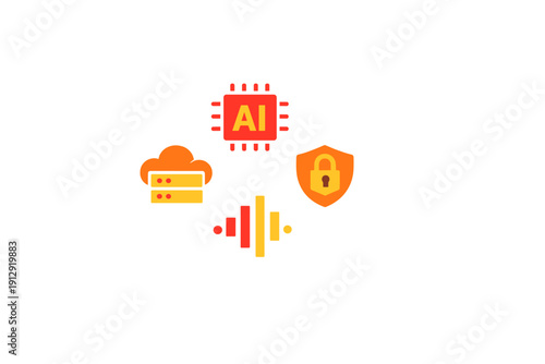 A set of four digital technology icons featuring an artificial intelligence chip, a cloud server, a security shield with a padlock, and a sound wave graphic on a black background.