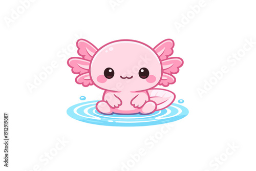 A cute pink cartoon axolotl sits in a small pool of blue water with ripples against a solid black background. This kawaii illustration features a chibi style with large eyes.