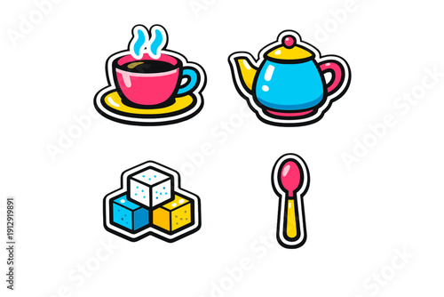A set of four colorful cartoon icons featuring a steaming cup of coffee on a saucer, a teapot, sugar cubes, and a spoon, all set against a solid black background.