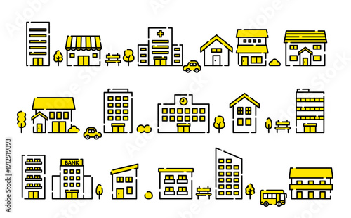 Dashed line building icons with yellow highlight details