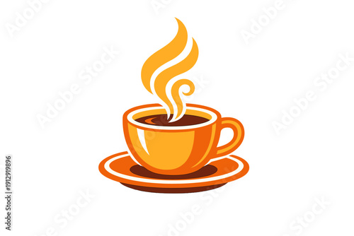 A stylized orange cup filled with dark liquid sits on a matching saucer with yellow steam rising above it. The illustration is set against a solid black background.