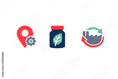 Three colorful flat icons representing local production, natural ingredients, and sustainable manufacturing processes, featuring a map pin, a jar with a leaf, and a factory with arrows.