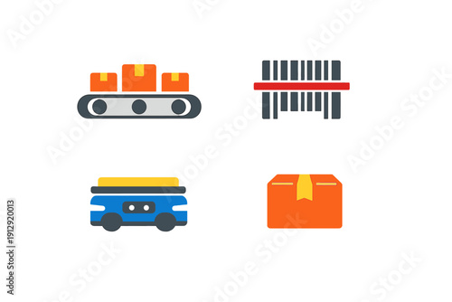 A collection of four logistics icons featuring a conveyor belt with boxes, a barcode scanner, an automated warehouse robot, and a sealed cardboard package on a black background.