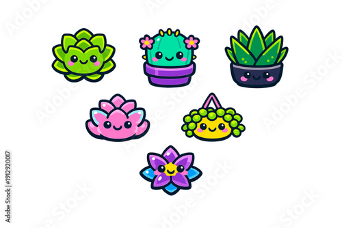 A collection of six cute, cartoonish succulent and plant characters with smiling faces and rosy cheeks, set against a black background in a vibrant kawaii vector illustration style.