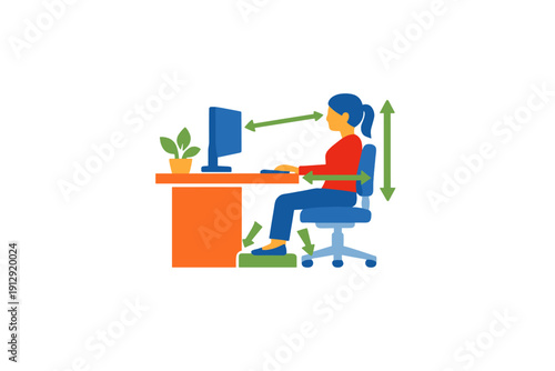 This flat illustration depicts a woman at a desk using a computer with ergonomic guidelines. Green arrows highlight correct posture for the eyes, back, arms, and feet on a footrest.