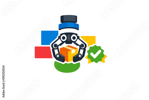 A flat vector illustration of a robotic claw holding a cardboard box, surrounded by colorful geometric shapes and a green checkmark icon representing quality control and automation.