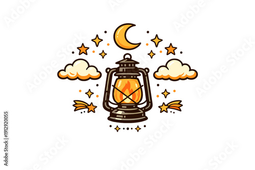 A stylized illustration featuring a lit oil lamp at the center, surrounded by a crescent moon, twinkling stars, and fluffy clouds on a dark background. Perfect for night themes.