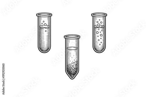 Three laboratory test tubes in a classic woodcut style illustration, showing chemical reactions with bubbles and precipitates inside, isolated on a black background.