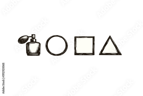A hand-drawn illustration featuring a perfume bottle with an atomizer, followed by a circle, a square, and a triangle, all rendered in a sketchy white style on a black background.