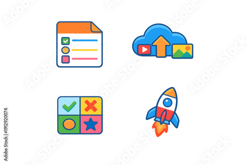 A set of four colorful flat icons on a black background featuring a checklist document, a cloud upload symbol with media icons, a grid of symbols, and a launching rocket ship.