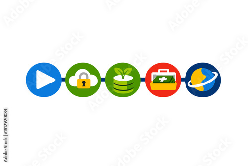 A horizontal row of five colorful circular icons featuring a play button, a cloud with a padlock, a plant growing from coins, a medical kit, and a globe on a black background.