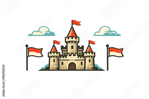 A stylized flat design illustration of a medieval stone castle with red flags and towers set against a black background with clouds. The castle features a central gate and battlements.