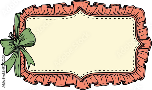 Vintage decorative frame with ruffled border and green bow for invitations or greeting cards