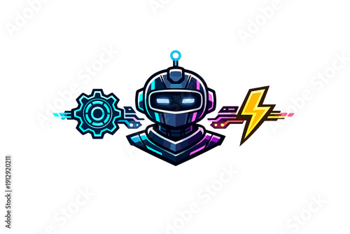 A futuristic robot head with glowing blue eyes is centered between a neon blue gear and a yellow lightning bolt on a black background. The digital illustration features a cyberpunk style.