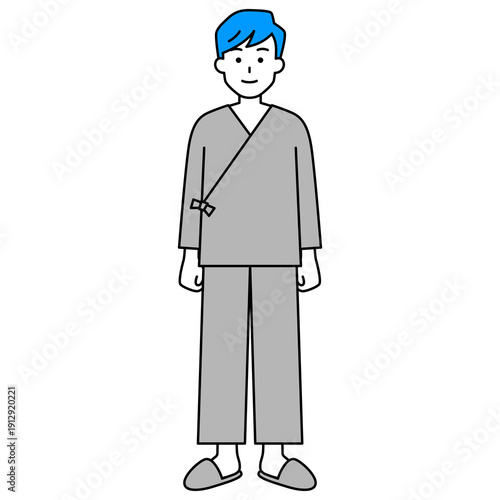 病院の検査着の若い男性（全身）