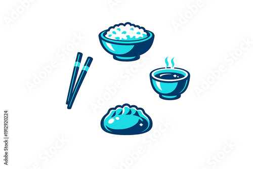 Stylized blue vector icons of traditional Asian cuisine including a rice bowl, hot soup, a dumpling, and chopsticks, isolated on a dark black background.