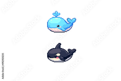 Two cute pixel art whales are displayed against a solid black background. The top whale is light blue with a water spout, while the bottom whale is a black and white orca design.
