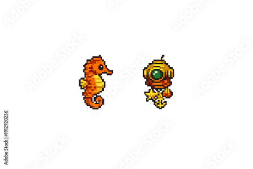 Two pixel art icons featuring an orange seahorse and a golden vintage diving helmet with an anchor and stars, isolated on a solid black background for retro video game design.