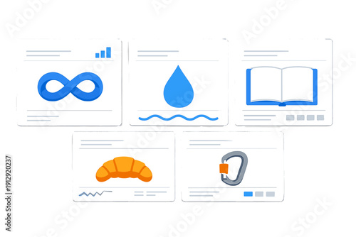A collection of five minimalist white cards featuring blue and orange icons including an infinity symbol, a water drop, an open book, a croissant, and a climbing carabiner on a black background.