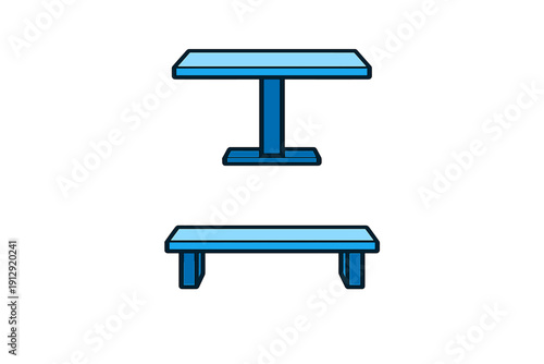 This vector illustration displays two blue furniture icons against a black background. It includes a pedestal table and a long bench, both rendered in a flat design style.