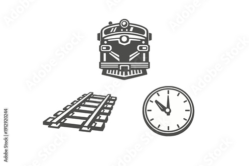 A minimalist illustration featuring a front view of a locomotive engine, a section of railroad tracks, and an analog clock, all set against a solid black background.