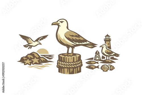A stylized graphic illustration of seagulls in a coastal setting featuring a lighthouse, fish, shells, and a sun setting over rocky shores with starfish on a black background.