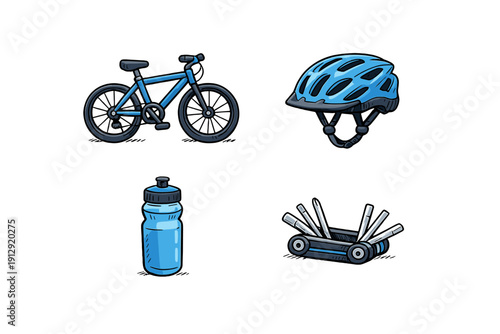 A collection of cycling equipment including a blue bicycle, a protective helmet, a water bottle, and a multi-tool kit, all illustrated in a cartoon style on a black background.