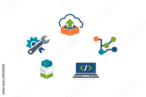A collection of five colorful technology icons representing software development, cloud computing, coding, and system maintenance, arranged in a circle on a black background.