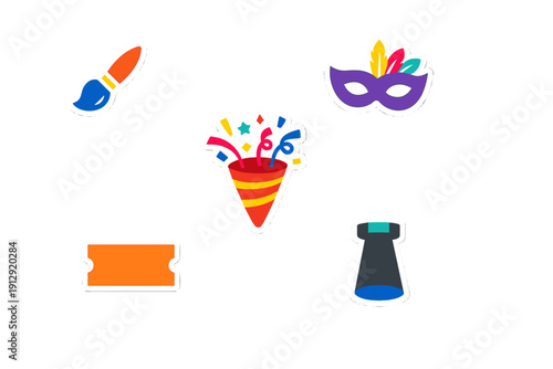A collection of five colorful stickers featuring a paintbrush, a party popper with confetti, a purple masquerade mask, an orange ticket, and a stage spotlight on a black background.