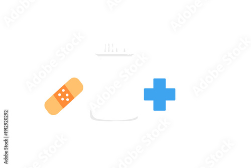 A collection of medical icons including a black medicine bottle, a tan adhesive bandage, and a blue cross symbol arranged horizontally on a solid black background.