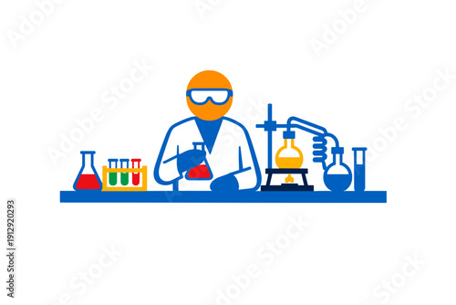 A flat vector illustration of a scientist wearing goggles and a lab coat, working with colorful chemical solutions in various glass flasks and test tubes on a blue laboratory bench.