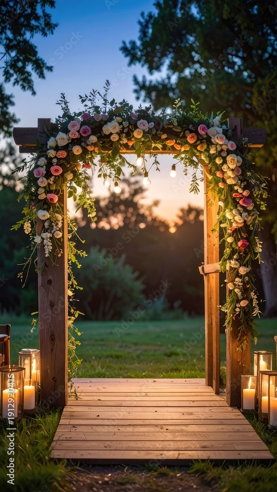 Fototapeta premium Romantic Outdoor Wedding Arch Decorated with Flowers and Twinkle Lights at Sunset