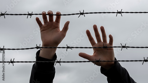 Silhouette of hands gripping barbed wire against dramatic sky symbolizing imprisonment and freedom concept
